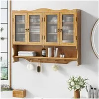 TavilaEcon Wandhängeschrank mit Glastüren & beweglichem Regal für Küche & Badezimmer, retro, 4 Drehtüren & 5 Haken, 100×20×80cm, Natur