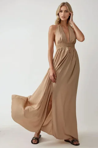 V-Ausschnitt A-Linie Maxi-Kleid