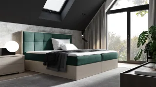 Boxspringbett Bett THANOS 140x200cm Nordic Teak Stoff Grün inkl. Bettkasten