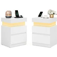 VASAGLE Nachttisch mit Steckdosen, Schiebedeckel, 2 Schubladen und LED-Beleuchtung, moderner Beistelltisch, 1er/2er Set