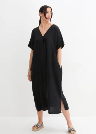 bonprix Kaftan-Kleid aus reinem Leinen, schwarz, Gr.44, modernen Leinenkleid mit weiter Passform und tiefem V-Ausschnitt, aus Leinen