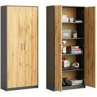 Home Collective Mehrzweckschrank Schrank Aktenschrank Hochschrank Mehrzweckschrank 2-türig 5 Fächer (74 cm breit aus Laminatplatte und hochwertigen Polymergriffen) robust & vielseitig viel Stauraum 74x35x180 (BxTxH) graphit / eiche