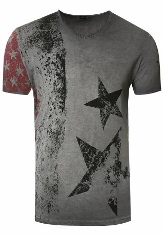 USA T-Shirt Sterne und Streifen V-Ausschnitt im Used Look