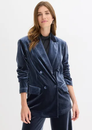 bonprix Blazer aus softem Samt, blau, Gr.50, Modischer, zweireihiger Blazer aus softem Samt, aus Samt
