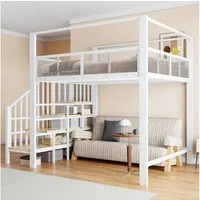 Flieks Hochbett Metallbett Kinderbett 140×200cm mit Stauraumtreppe