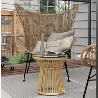 Outsunny Beistelltisch Runder Ratten Kaffeetisch, Bistrotisch mit Glastischplatte (Gartentisch, 1-St., Couchtisch), für Terrasse, Balkon, Metall, Beige