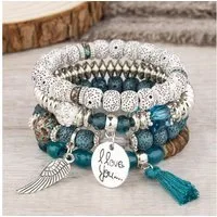 The Beauty House Armband Set Boho Armband Damen Set – 5-teilige Perlenarmbänder, in Türkis & Silber mit Anhängern, elastisch & stilvoll