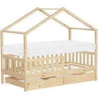ML-DESIGN Spielbett Hausbett Kinderbett inkl. 2 Schubladen, Lattenrost und Rausfallschutz, Abenteuerbett 80x160cm mit Matratze Himmelbett Kiefer Jugendbett Natur