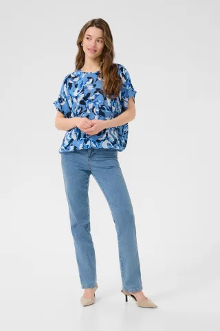 Kurzarm-Bluse Relaxed fit Blue Blurry Leafs blue