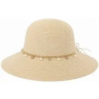 Brise Textil Sonnenhut Damen Sonnenhut mit Schmuckband und Zierperlen, Sommerhut aus Papier Dekoratives Schmuckband, Perlen und Sternanhänger, Breite Sonnenkrempe