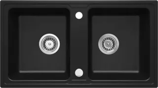 Neuesbad 2-Becken Granitspüle ohne Abtropffläche 780x435x180, 3, 5'', Schwarz, mit Zubehör NB1DEZQZN2031