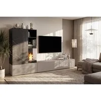 ASM-Moebel Wohnwand Anbauwand Wohnwand GINA mit Push-Click und Bio-Ethanol Kamin, Mit Bio-Ethanol Kamin und Push-Click System.