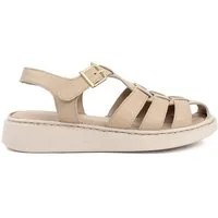 Celal Gültekin Plateau Fisherman Riemchen Flach Retro Damen Römersandale Glattleder, Echtleder-Futter & Decksohle, Beige, 38