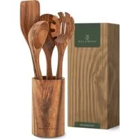 Waldwerk Kochbesteck-Set Küchenhelfer aus Teakholz - Kochbesteck Set - Küchenutensilien (4-tlg), Pfannenwender, Holzlöffel, Nudellöffel und mehr