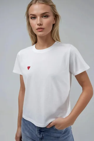 Besticktes Rundhals-Kurzarm-T-Shirt aus 100% Baumwolle