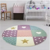 TeppichHome24 Kinderteppich Kinderzimmer Teppich Herz Stern Bunt, Rund, Höhe: 13 mm