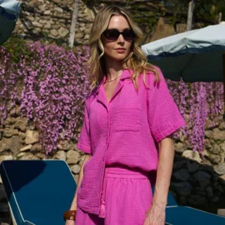 Kurzärmelige Musselin-Bluse, Damen,  Pink, Baumwolle, by Lands' End