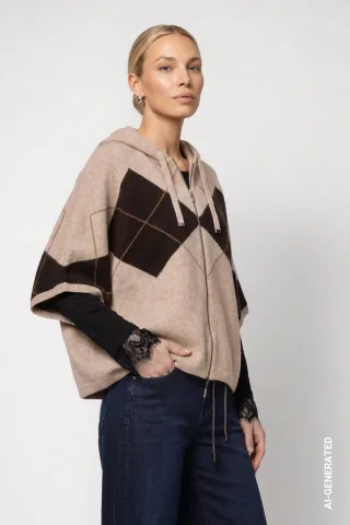 monari - Strickjacke mit Karomuster cappuccino melange - Gr. - 36