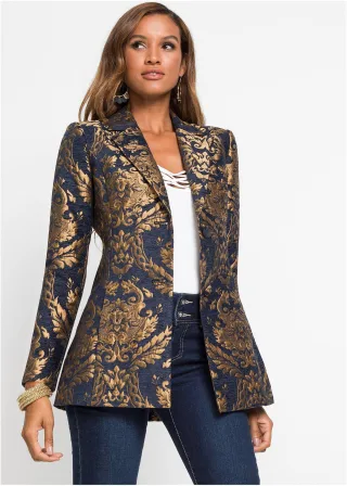 bonprix Blazer aus glänzendem Jacquard, blau, Gr.38, Stylischer Kurz-Matntel mit figurbetonter Passform und tollen Knöpfen