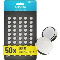 ABSINA AG10 LR1130 Knopfzelle 50er Pack - 1,5V Alkaline Knopfzellen Knopfzelle, (1,5V V, 1 St)