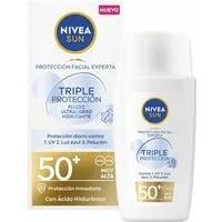 Nivea Sun Sonnenschutzcreme Triple Protect Sonnenfluid SPF 50+ – Ultra-leichter Schutz vor UV, Blue Light & Umwelteinflüssen – 40 ml, leicht, schnell einziehend, umweltfreundlich, dreifacher Schutz, wasserfest, antioxidativ, schweißresistent