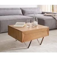 DELIFE Couchtisch Kayu, Akazie Natur 60x60 cm 2 Schübe V-Fuß Edelstahl Couchtisch