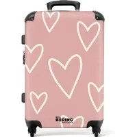 NoBoringSuitcases.com© Hartschalen-Trolley Rosa mit weißen Herzen 67 cm - 72 L, 4 Rollen, Hartschalenkoffer Mittel Groß für 20kg, Frauen Reisekoffer Trolley