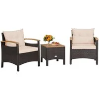 COSTWAY Balkonset, Rattan, 3tlg. 2 Sessel & Tisch, mit Sitz- & Rückenkissen