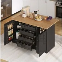 Flieks Kücheninsel mit klappbarer Arbeitsplatte in Holzoptik, 4 Schubladen und Türablagen, (mit verstellbarer Einlegeböden und verdeckter Aluminiumgriffe), Multifunktional Küchenschrank Mehrzweckschrank Hochglanz Schwarz