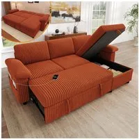 Merax Ecksofa mit Schlaffunktion, ausziehbares Schlafsofa mit Stauraum-Ottomane, links/rechts montierbar Ecksofa Couch 1 Teile, Sofa mit verstellbarer Rückenlehne, USB/Type-C Ladeanschluss,Cordstoff