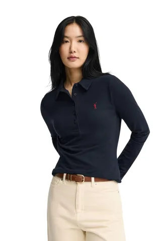 Langärmliges Poloshirt marineblau im Slim Fit mit Rigby Go Stickerei
