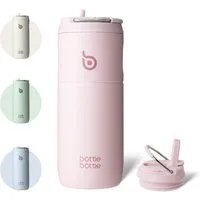 BOTTLE BOTTLE Trinkflasche Edelstahl Trinkflasche mit Strohhalm 500ml, auslaufsichere Sportwasserflasche, ideal für Schule, Büro und Ausflüge