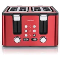 Arendo Toaster Edelstahl, Brötchenaufsatz, Restzeitanzeige, Rot, 4 kurze Schlitze, für 4 Scheiben, 1750 W, Doppelwandgehäuse, Defrost Funktion, Krümelschublade, 6 Bräunungsgrade