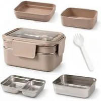 WS-Trend Lunchbox Lunchbox Edelstahl 1200 ml – 2-stöckige Bento Box mit 3 Fächern, Gabel, (Set)