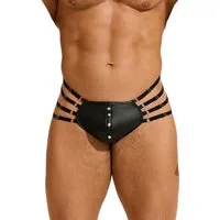 Lau-Fashion String Herren Wetlook Tanga Schwarz Harness Lack Leder Bänder Nieten M/L