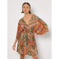 Apricot Minikleid Kaftan-Minikleid mit Satinschal mit Tassel