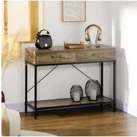 HOMCOM Konsolentisch 2 Schubladen Unterregal (Beistelltisch, 1-St., Eingangstisch), vintage Metall Spanplatte Braun+Schwarz 100 x 35 x 76,5 cm