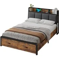 KIMENICH Metallbett Bettgestell mit Ladestation und 2 Schubladen, Jugendbett (1-tlg., Ohne Matratze), 140x200cm, Schwarz+Vintage Braun