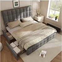 Flieks Polsterbett, Stauraumbett Doppelbett Leinen ohne Matratze 140x200cm