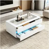 Merax Couchtisch hochglanz Sofatisch Beistelltisch mit LED-Beleuchtung (95x45x35 cm, 1-St), Wohnzimmertisch mit 4 Schubladen, gehärteter Glasplatte & Stauraum