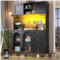 Flieks Küchenbuffet mit LED-Beleuchtung, 3 Schubladen, 2 Glastüren und Gläserhalter (1-St., B120/T40/H188 cm) Hochschrank Küchenschrank Geschirrschrank Mehrzweckschrank Schwarz