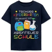 Spreadshirt T-Shirt Tschüss Kindergarten Abenteuer Schule Beginnt Bunt Kinder T-Shirt (1-tlg) Fällt klein aus. Wir empfehlen, eine Größe größer zu bestellen.