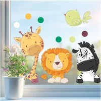 Sunnywall Fensterdekoration wiederverwendbares Fensterbild Tiere Giraffe Löwe Zebra Vogel, beidseitiger Druck, statisch haftend