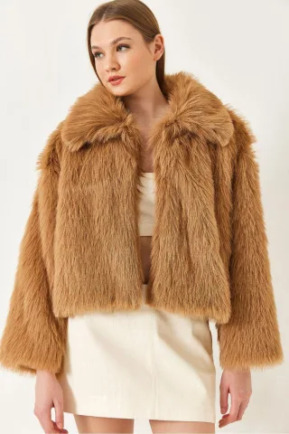 Gekürzter Offener Faux-Fur-Mantel mit Langen Ärmeln