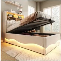 Merax Polsterbett (Kinderbett Jugendbett Einzelbett mit Metall-Lattenrost, 1-tlg), Hydraulisches Stauraumbett 90x200cm mit LED, USB und Ablagefächern