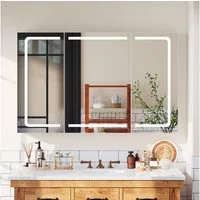 HOMALL Badezimmerspiegelschrank Badezimmerspiegelschrank LED-3 Farbtemperaturen,Entnebelungsfunktion (mit Stecker, Touchschalter, Helligkeitsregelung,3 Türen Große Speicherkapazität)