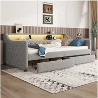 Merax Daybett mit LED und USB-Ladebuchse (Polsterbett Kinderbett Jugendbett Einzelbett, 1 tlg), Tagesbett Schlafsofa mit 2 Schubladen, Ablagefach & Stauraum, Leinen