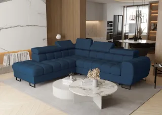 Ecksofa Schlafsofa BASTIEN MAX in Stoff Aragon Dunkelblau Ottomane Links