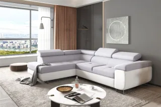 Ecksofa Sofa JADE Stoff Soft / Paros Weiss-Hellgrau mit Schlaffunktion Ottoma...