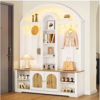 Merax Garderoben-Set Garderobenschrank mit LED-Beleuchtung und geschwungenem Design, (Flur- & Kleiderschrank im skandinavischen Weiß/Schwarz-Holz-Look, 1-St., 150 L x40 B x 195 H(cm), Möbelset mit Mittelablagen, Doppeltüren, Schuhregal & Metallhaken
